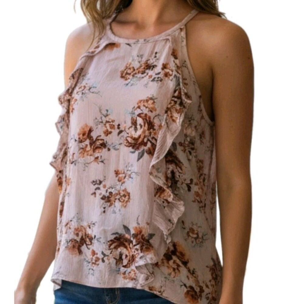 Full Tilt Boho Tank Womens Sz S Pink Floral Rayon High Neck Ruffle Keyhole Back